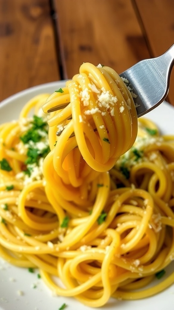A serving of garlic parmesan butter noodles topped with parmesan cheese and parsley on a rustic table.
